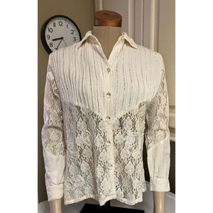 Sandy Starkman Small Linen Blend Ivory Top Blouse Lacy Beaded Boho Vintage